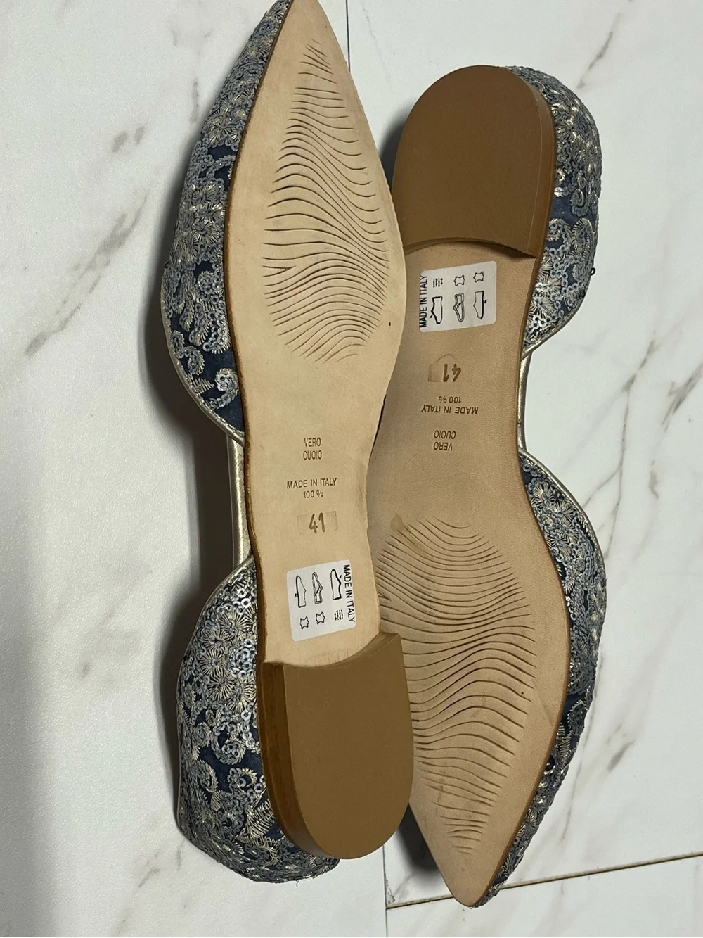 Sundance D'Orsay Flats Blue Sequin Embroidered Lace Pointed Toe Italian Made 41